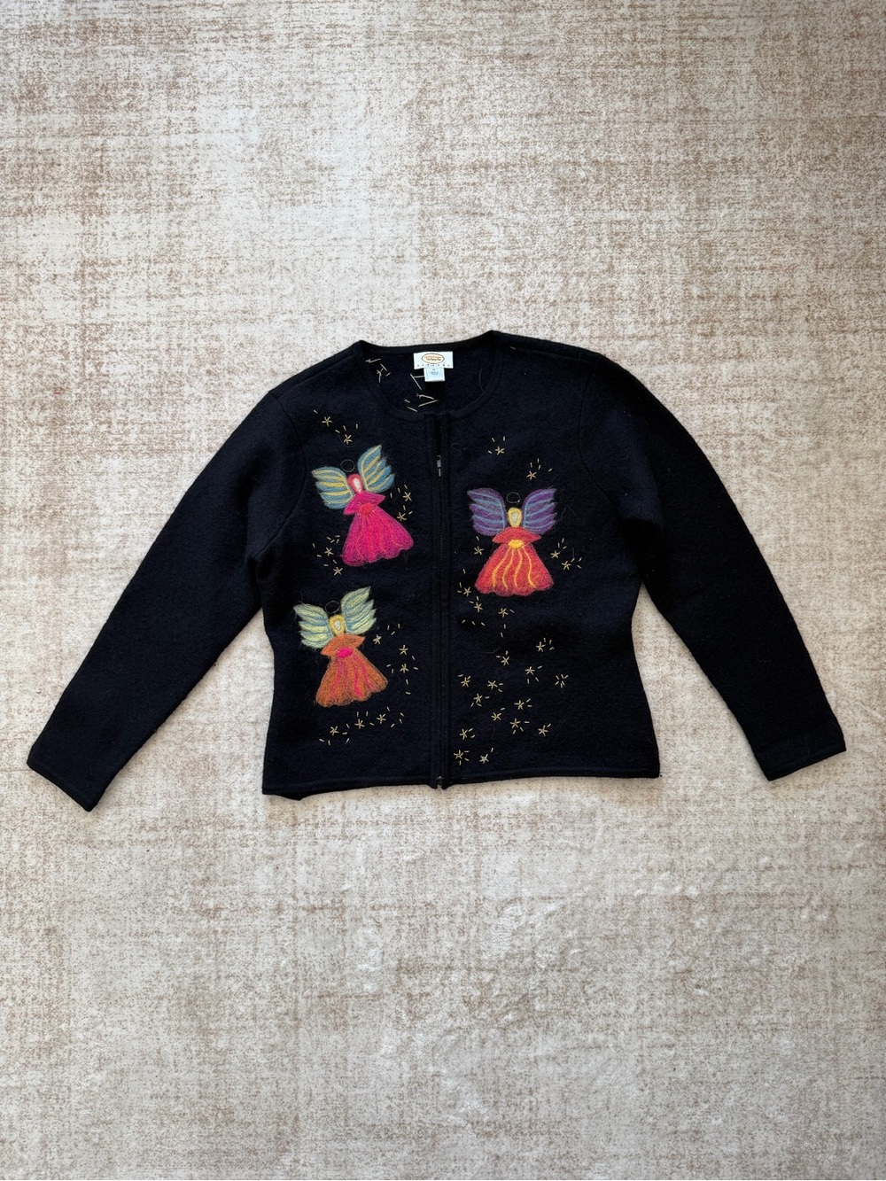 Vintage Talbots Petites M Christmas Angels Embroidered Beaded Wool Cardigan Zip